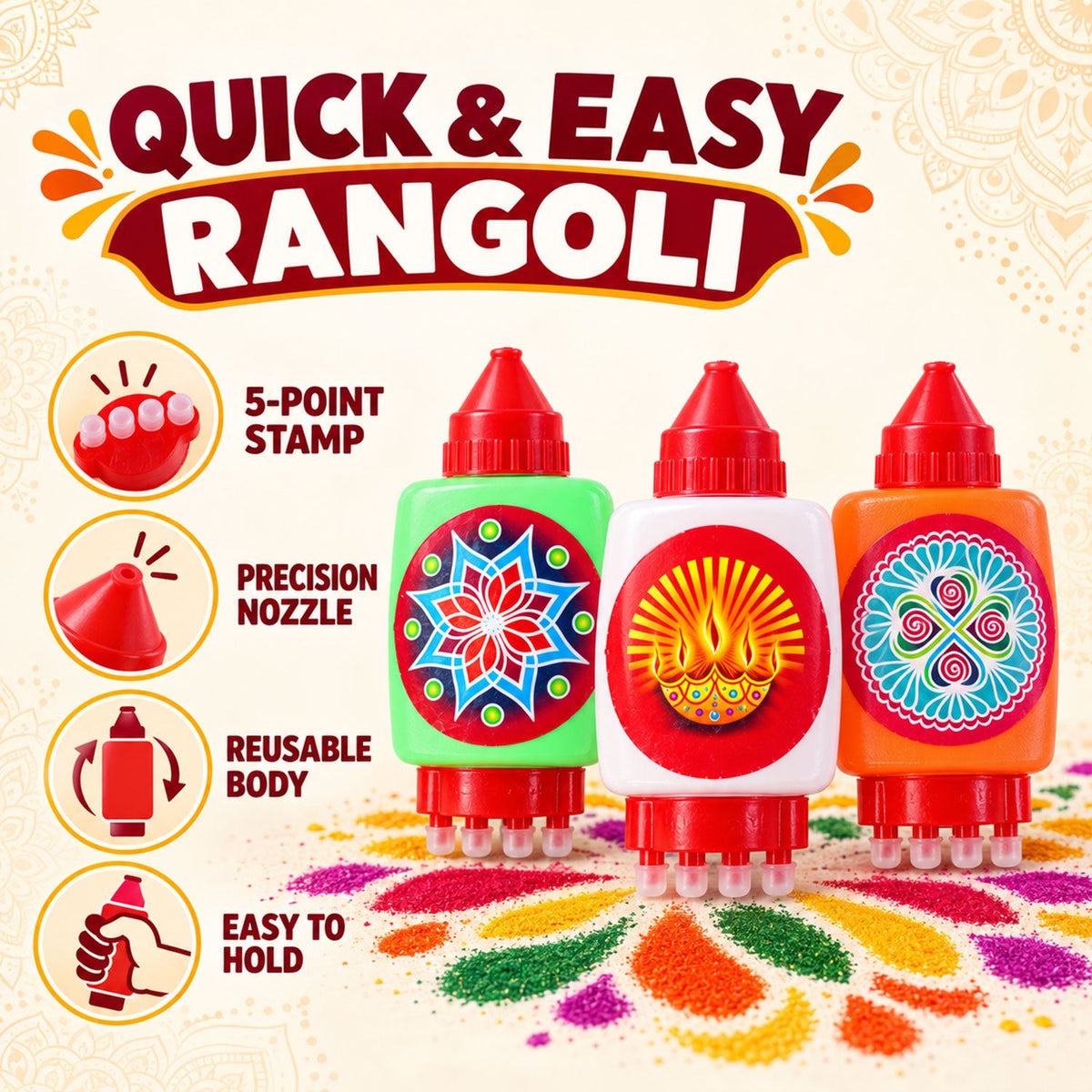 Plastic Rangoli Colour Filling Bottles with Nozzle and Dot Stamp (6 Pc)