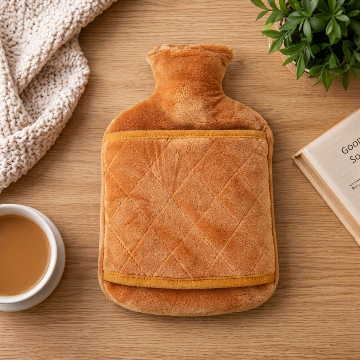 The orange hot water bottle rests on a wooden table next to a cup of tea, a book, and a green plant.