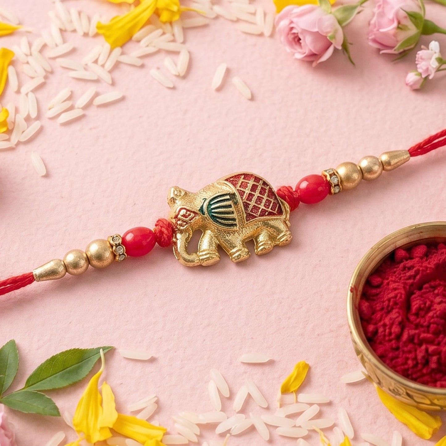 Festive gold elephant rakhi displayed on fabric