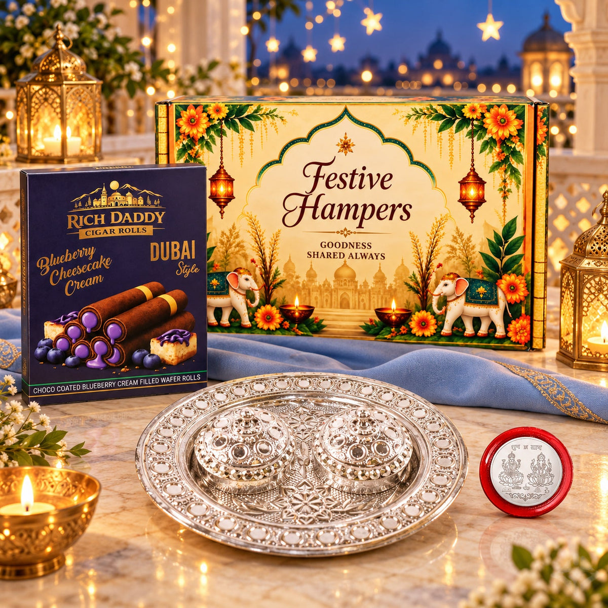 A festive gift hamper with a decorative box, a silver dish with two containers, a box of wafer rolls, and lit candles.