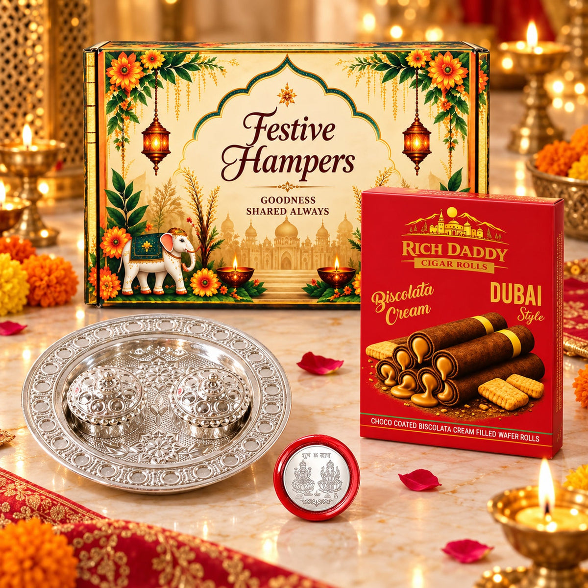 A festive hamper with a silver puja thali, two ornate containers, and a box of chocolate wafer rolls.