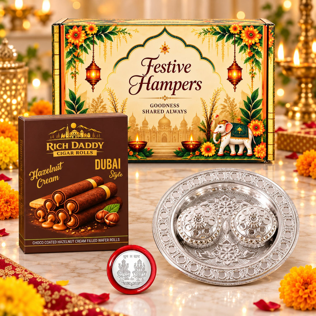 A festive gift hamper featuring a decorative box, a box of hazelnut cream cigar rolls, a silver kumkum dish, and a red coin