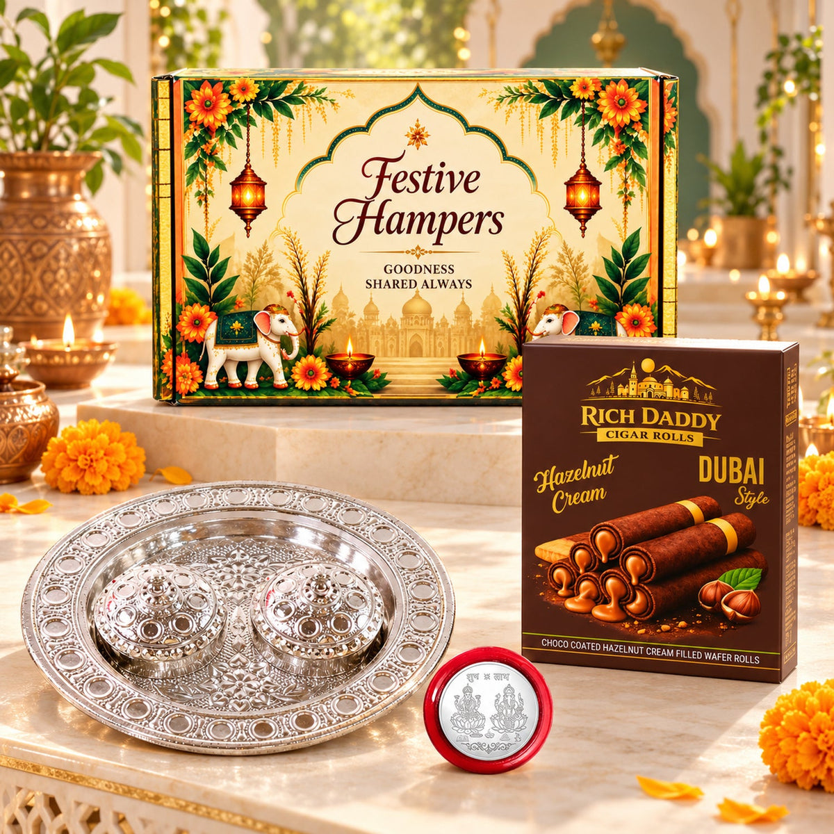A festive gift hamper including a decorative box, a silver kumkum dish, a red coin, and a box of hazelnut cream cigar rolls.