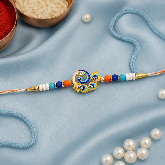 Beautiful designer peacock themed Rakhi with colorful beads and detailed centerpiece