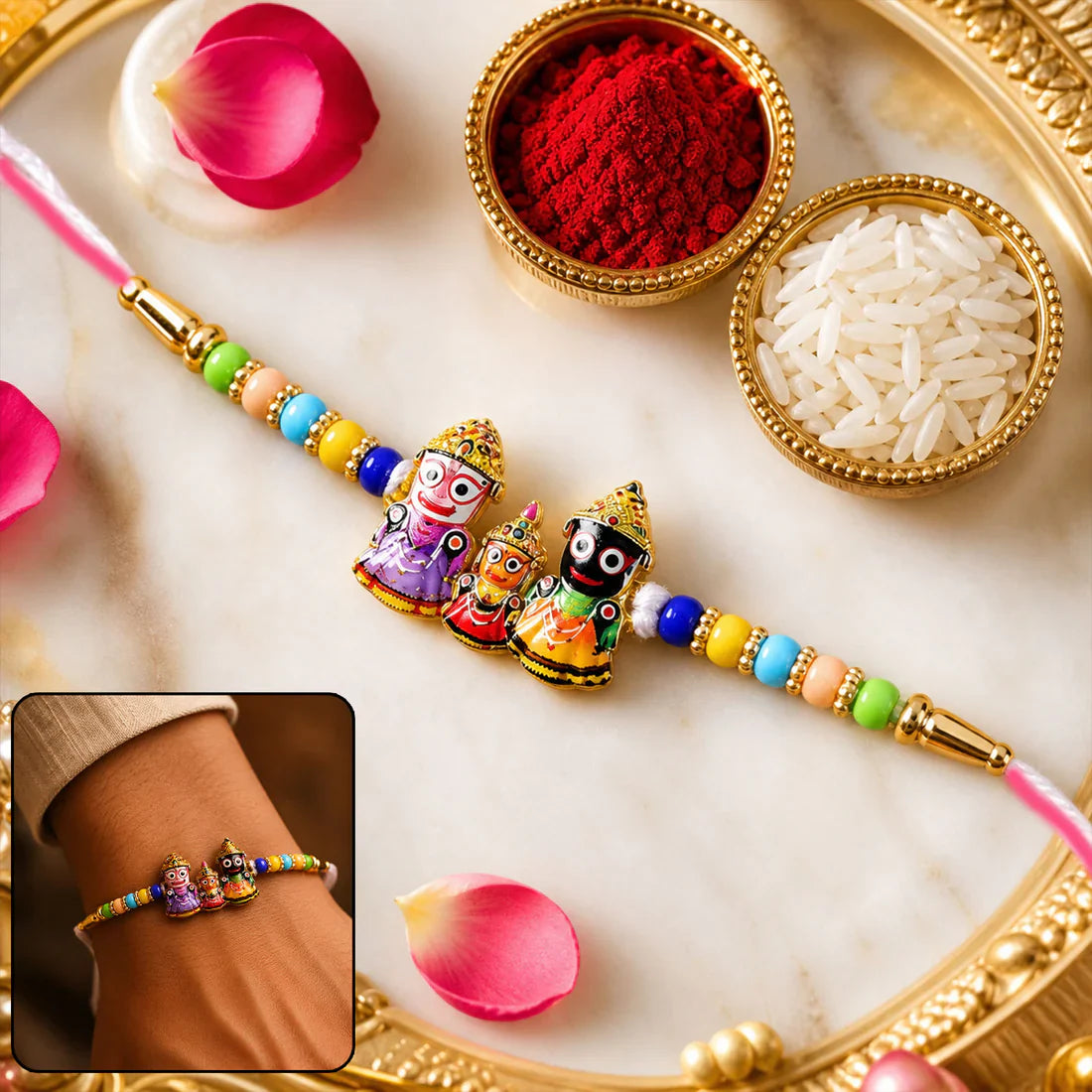 Divine Jagannath, Balabhadra & Subhadra idol centerpiece of Rakhi with vibrant traditional design