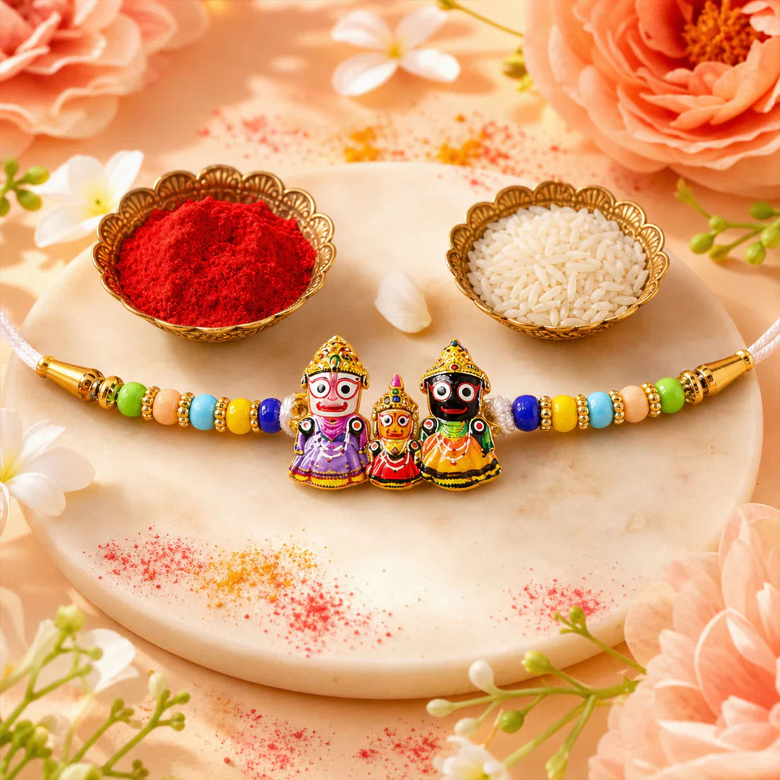 Traditional handcrafted Jagannath Rakhi with vibrant beads and divine detailing