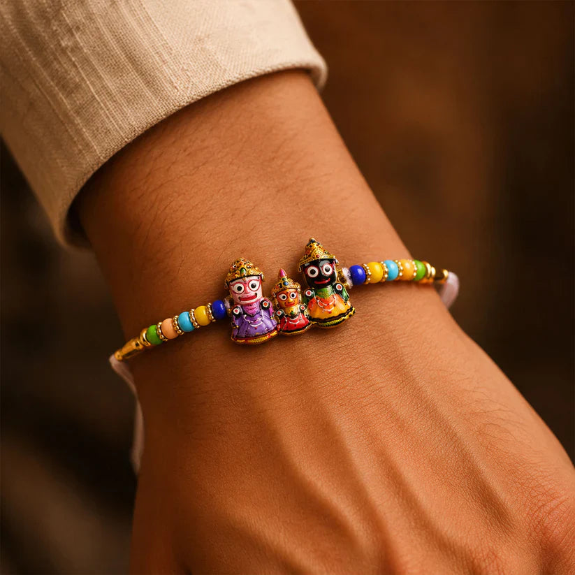Spiritual Rakhi featuring Lord Jagannath, Balabhadra, and Subhadra for Raksha Bandhan