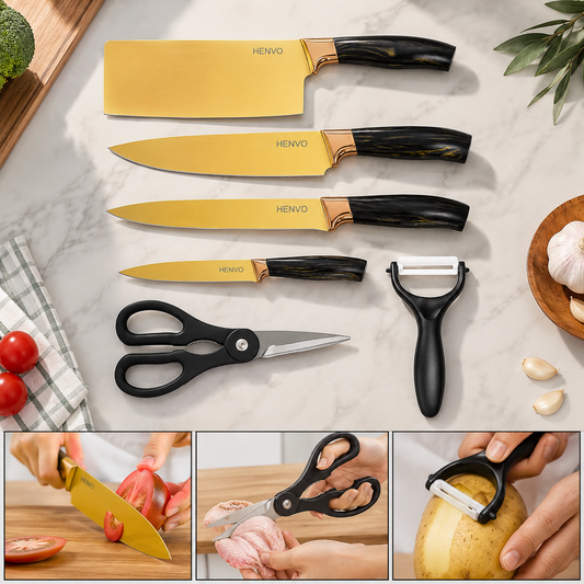 6 Pcs Professional Kitchen Knife Set with Chef Knives, Cleaver, Peeler & Scissors