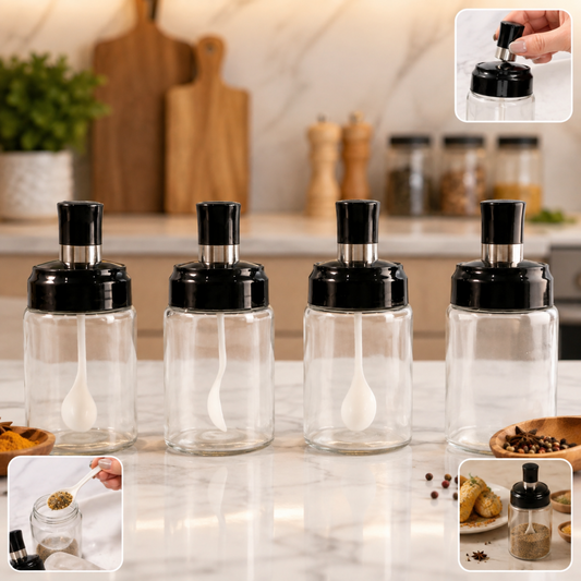 Transparent Spice Jar Set with Spoon & Airtight Lid (4 Pc)