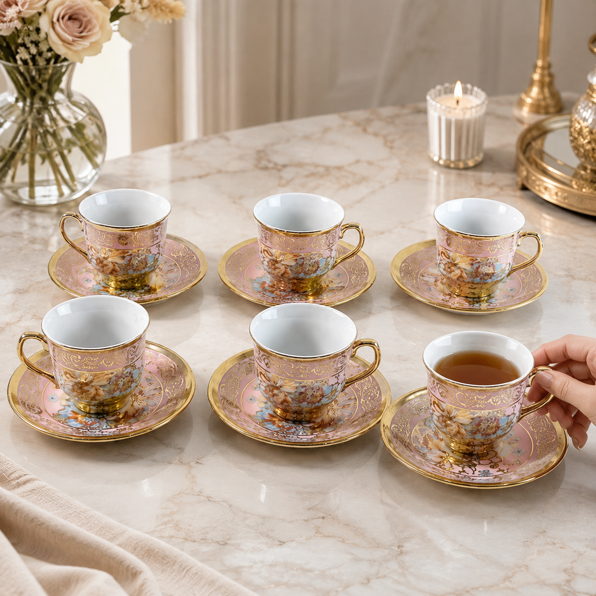 Premium Floral Porcelain Tea Cup and Saucer Set (12 Pc Set)