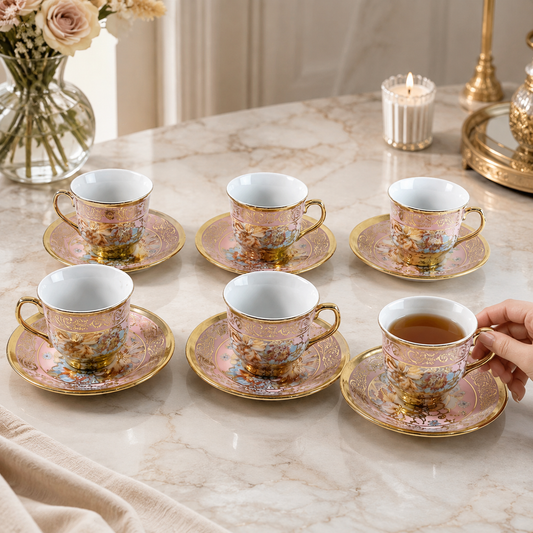Premium Floral Porcelain Tea Cup and Saucer Set (12 Pc Set)