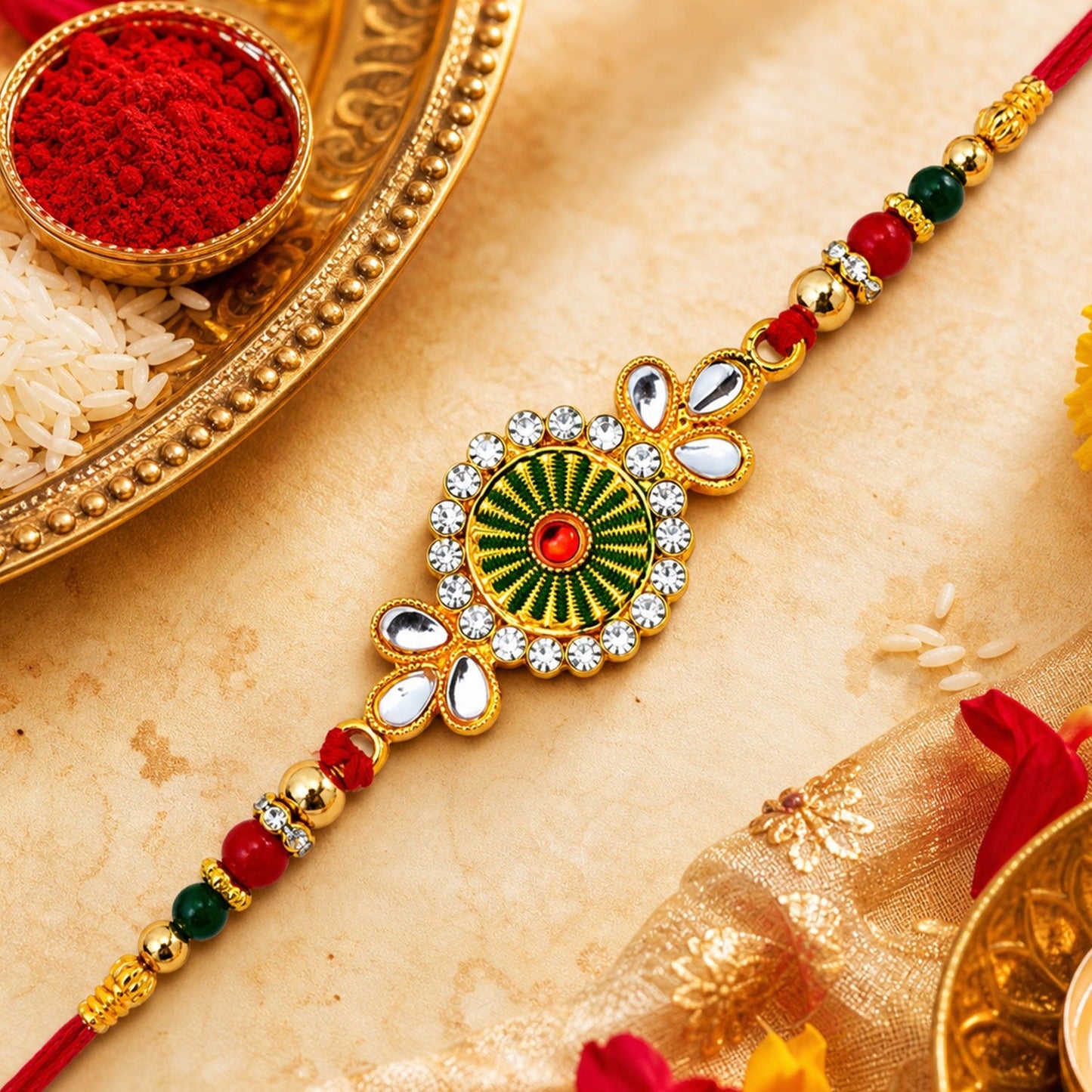 Traditional Floral Rakhi showcasing intricate design with vibrant colors and elegant thread work
