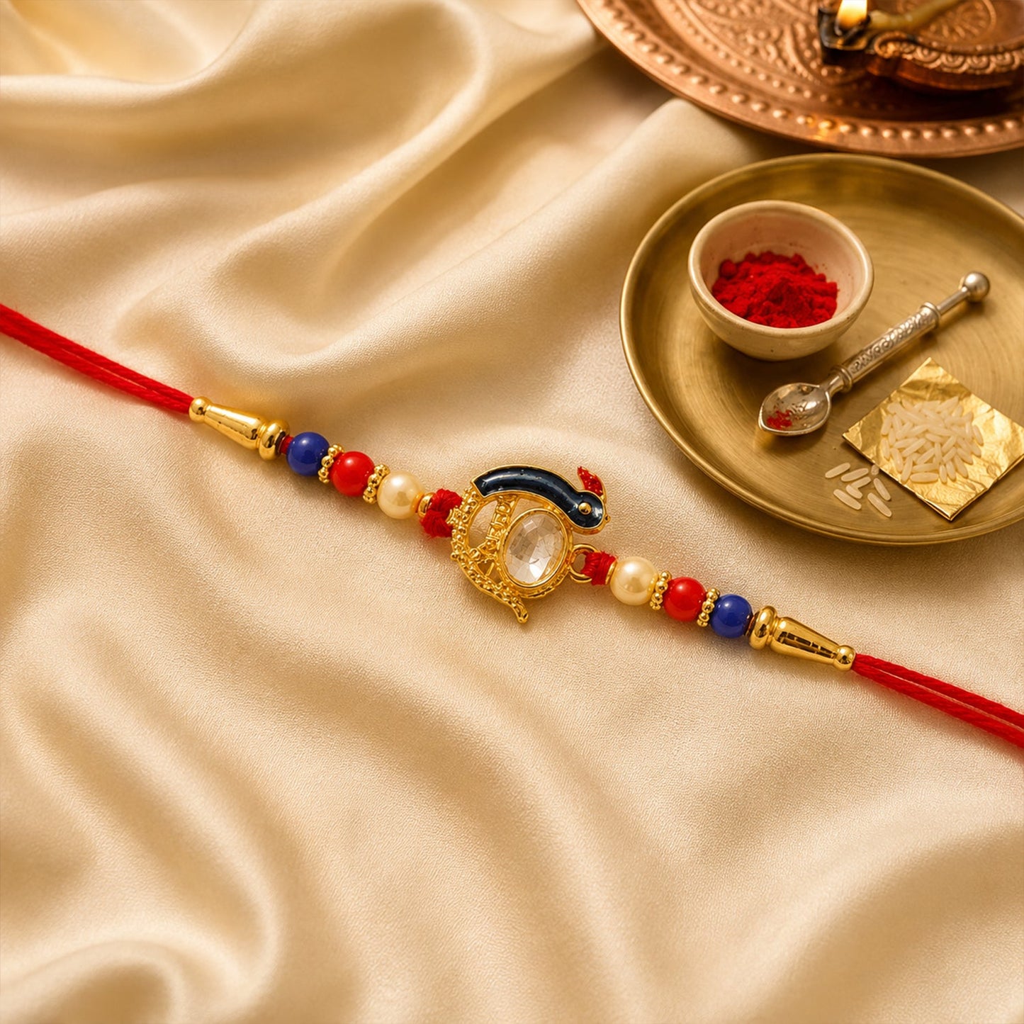 Elegant designer Rakhi with stone studs and golden finish beads suitable for Raksha Bandhan