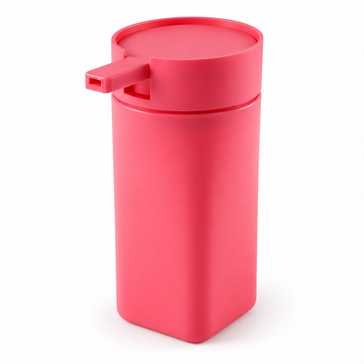 A single, matte pink, rectangular soap dispenser with a flat top and a short, horizontal spout is centered on a white