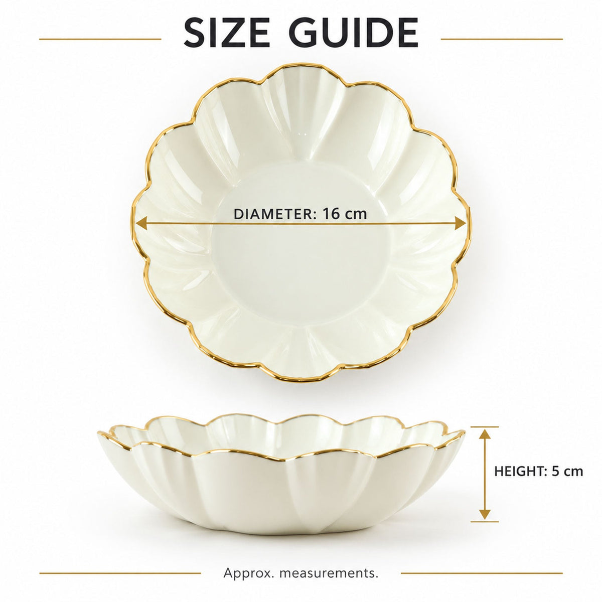 Overhead and side views of the white ceramic scalloped bowl with a gold rim, showing its dimensions.
