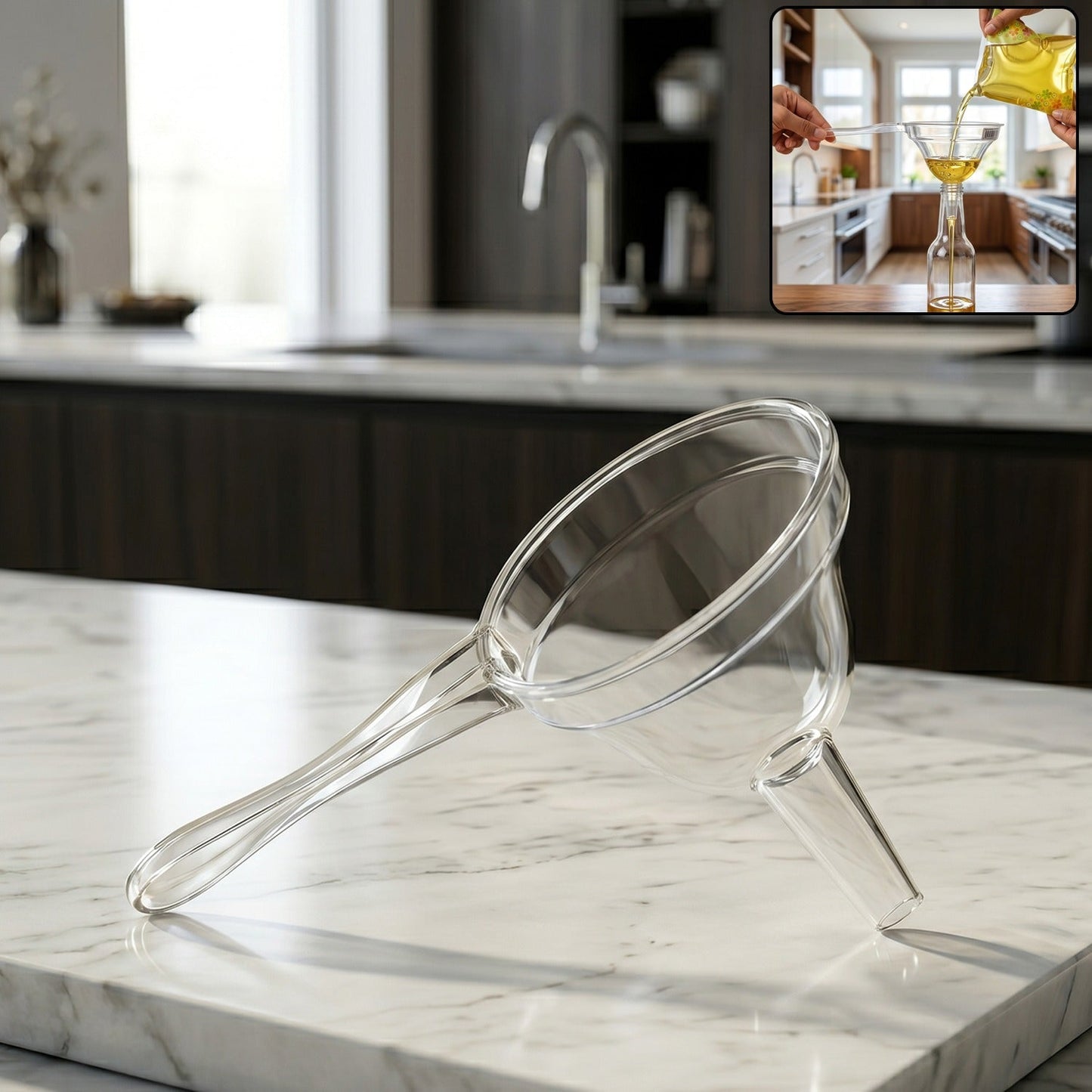 Transparent kitchen funnel with handle