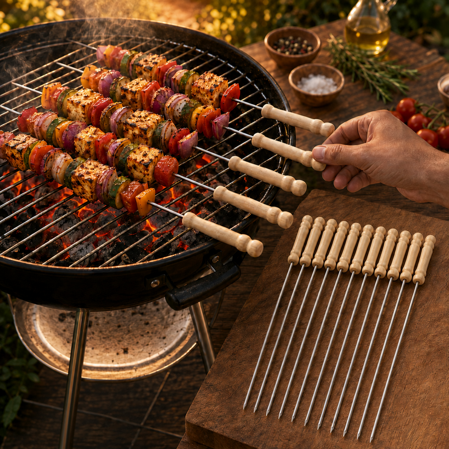 Stainless Steel BBQ Skewers with Wooden Handle (12 Pc)