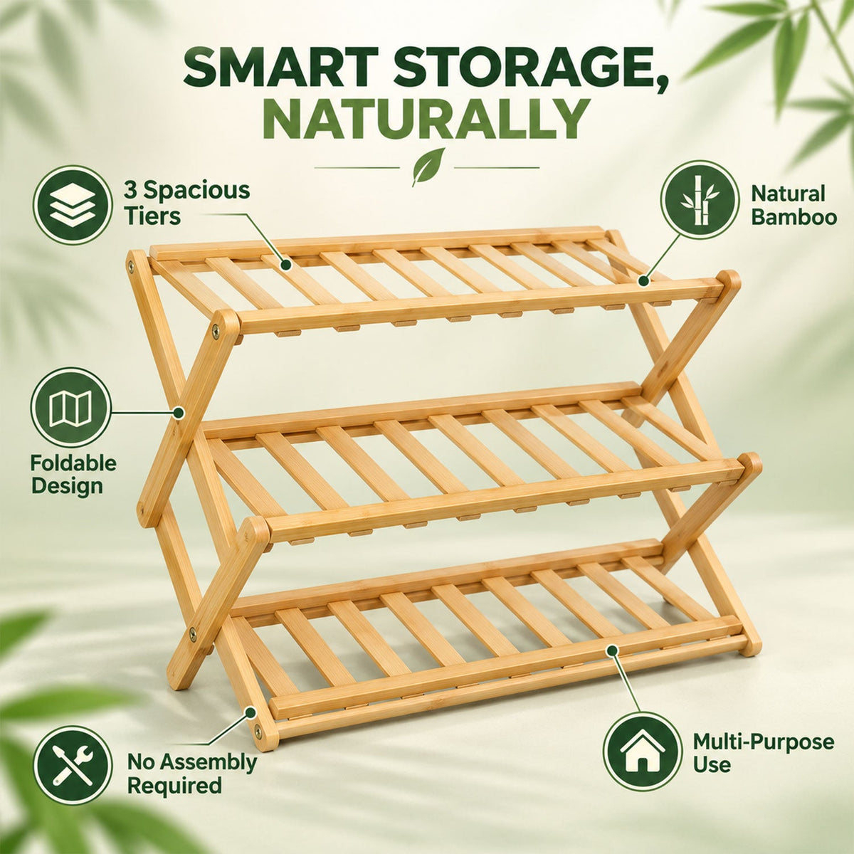 Foldable three layer bamboo storage rack - storage features