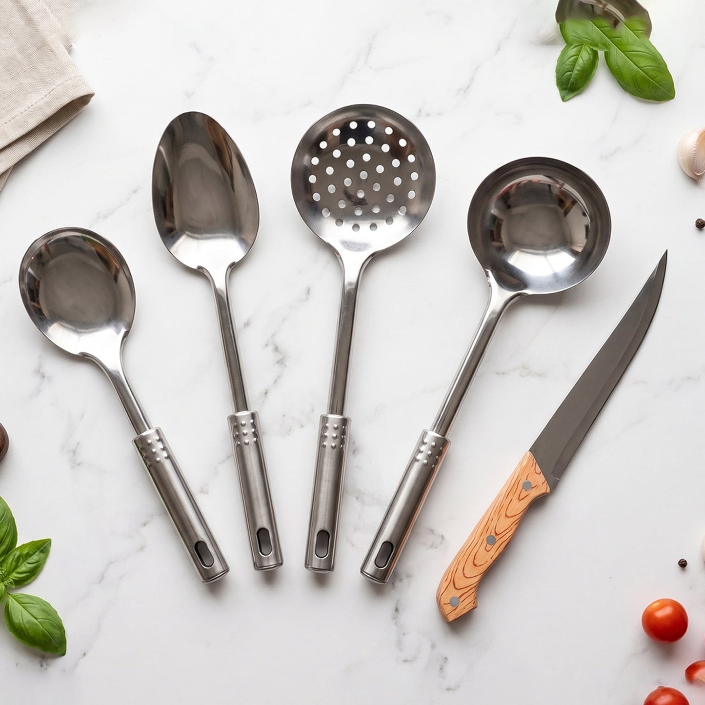 Cooking and serving utensils with kitchen knife