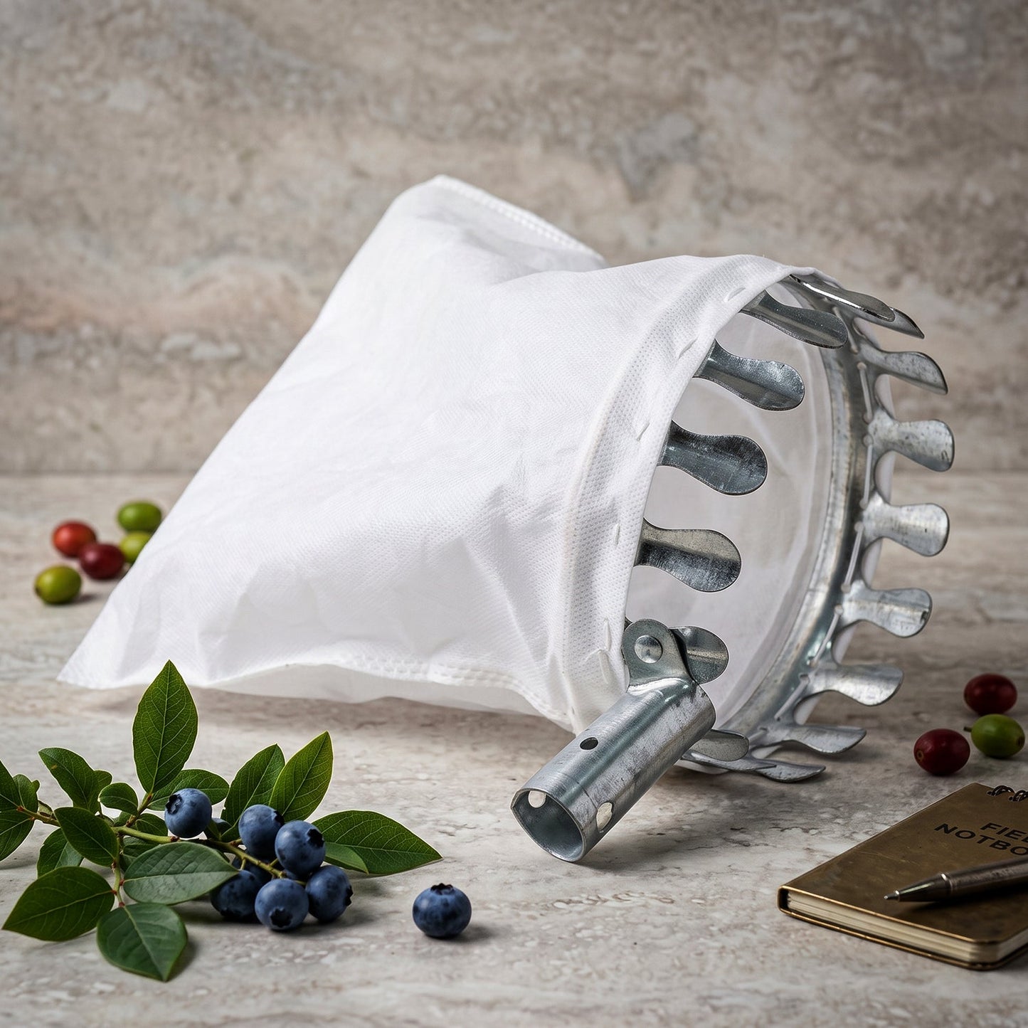 Metal fruit picker head and collection bag