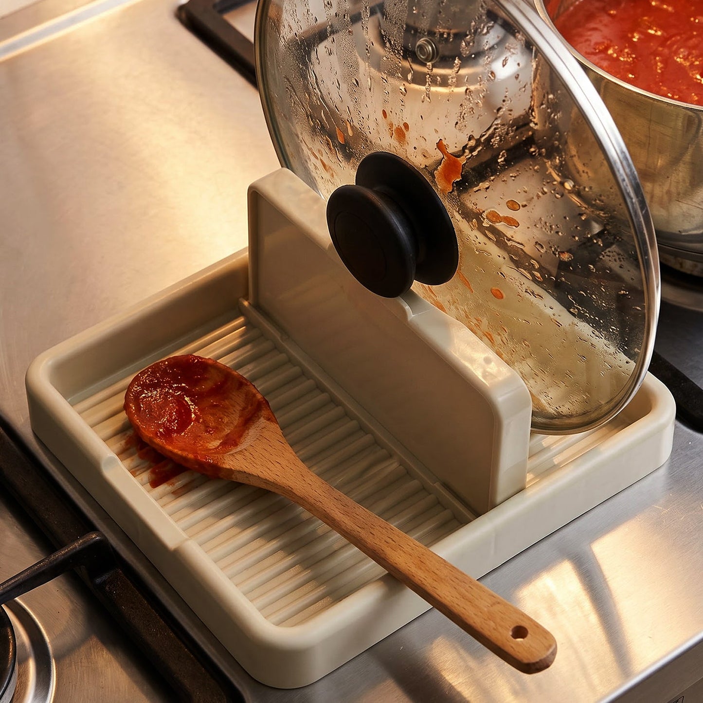 Cooking spoon resting in the drip tray