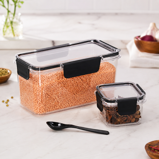Plastic Kitchen Storage Container Big 800 ML & Small 250 ML with Air Seal Lock Lid & Spoon