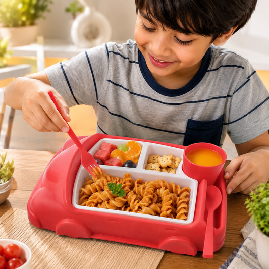 Kid's Car Shaped Plates Cup / Lunch Box Dinnerware Set (4 Pcs Set / 1000 ML Lunch Box)
