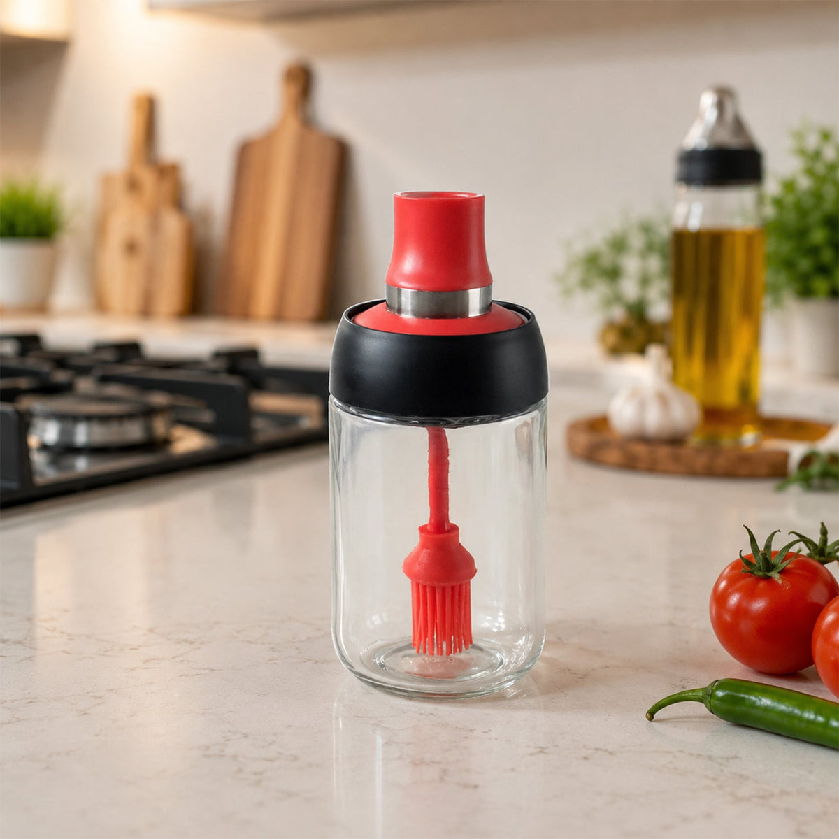 A glass oil dispenser with a red silicone brush sits on a kitchen counter next to tomatoes and chilies.