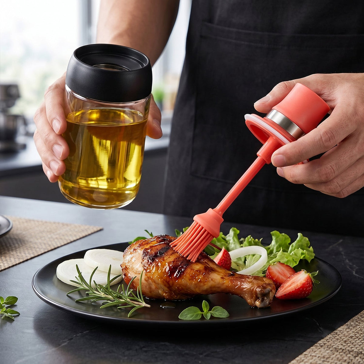 A person brushes a grilled chicken leg with a red silicone brush from a glass oil dispenser in a kitchen.