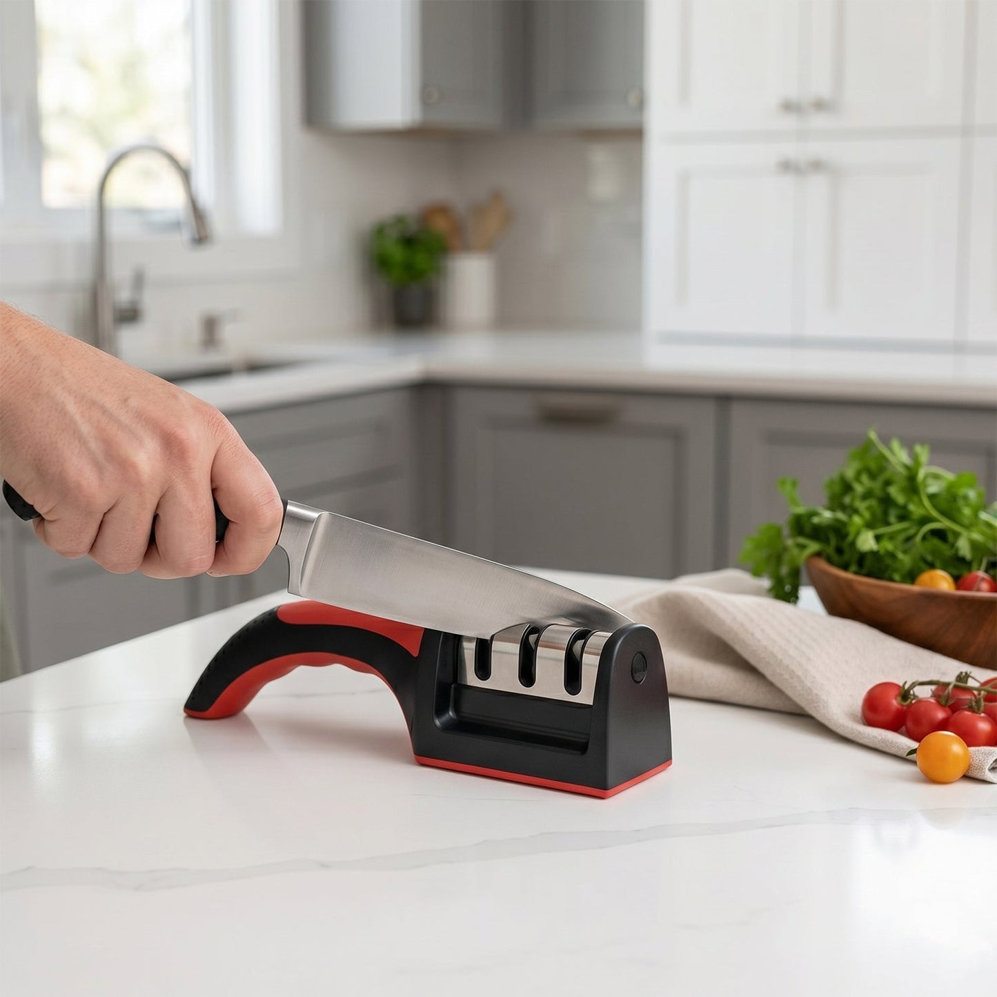Manual knife sharpener in kitchen environment
