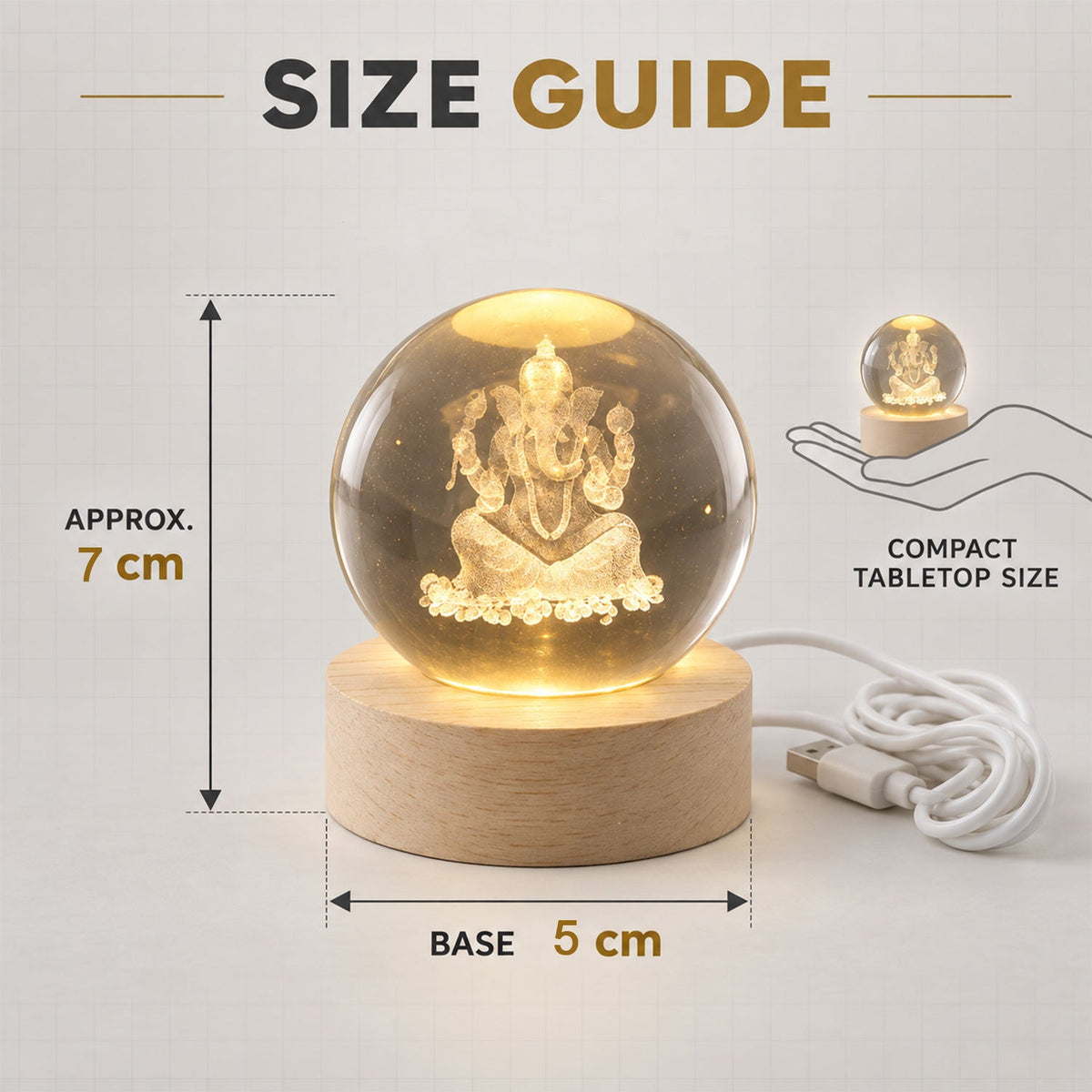 USB Powered Ganpati Crystal Ball LED Lamp with Wooden Base for Home Decoration