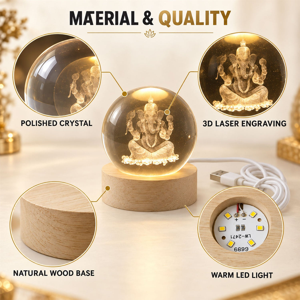 USB Powered Ganpati Crystal Ball LED Lamp with Wooden Base for Home Decoration