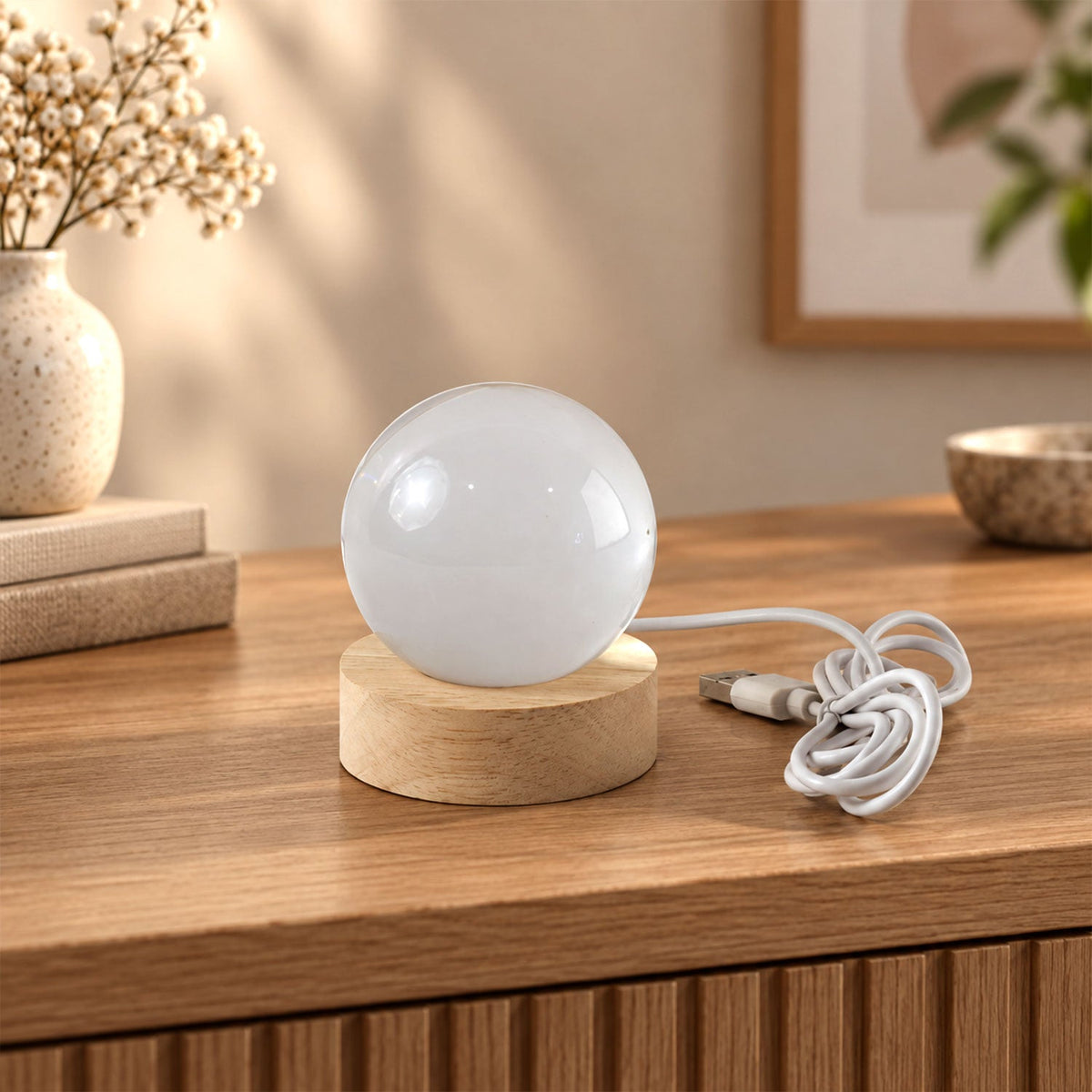 USB Powered Ganpati Crystal Ball LED Lamp with Wooden Base for Home Decoration