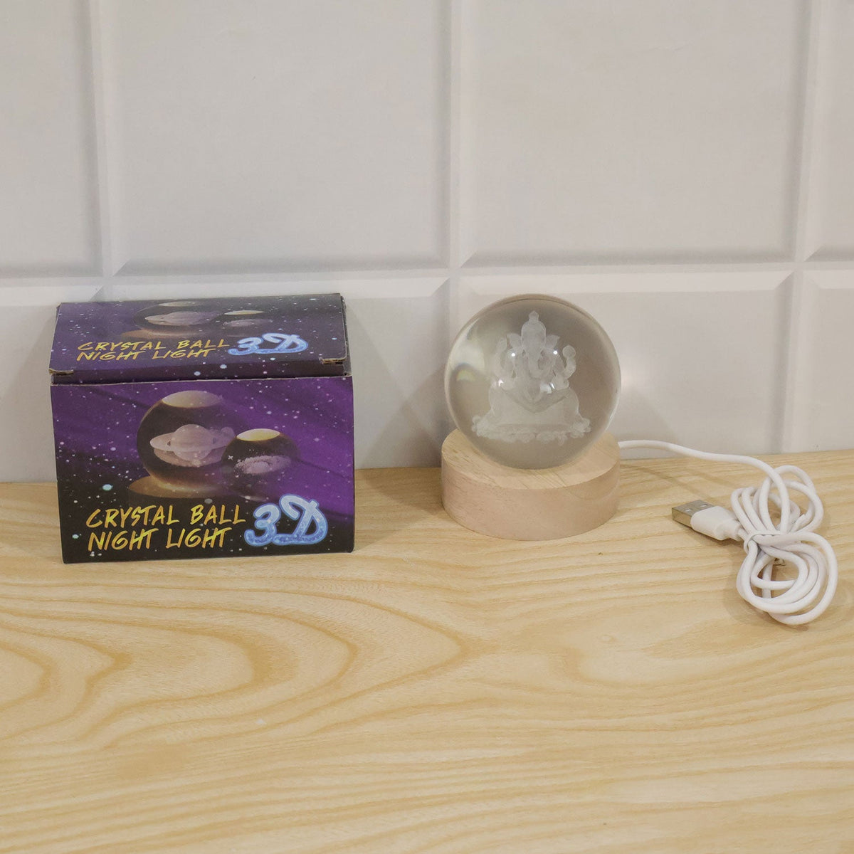 USB Powered Ganpati Crystal Ball LED Lamp with Wooden Base for Home Decoration