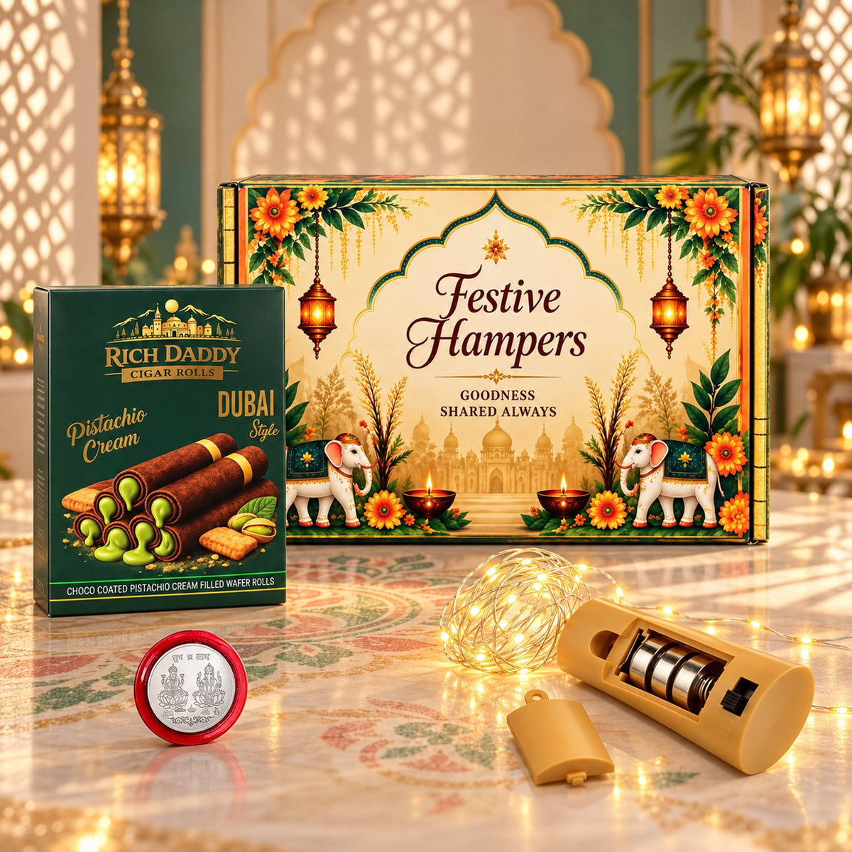 A festive hamper box, pistachio wafer rolls box, unlit fairy lights, and a silver coin on a decorated surface.