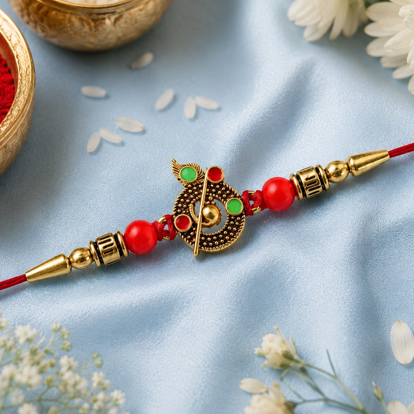 Close-up of Krishna Rakhi with vibrant red beads and divine symbol on a sacred thread.