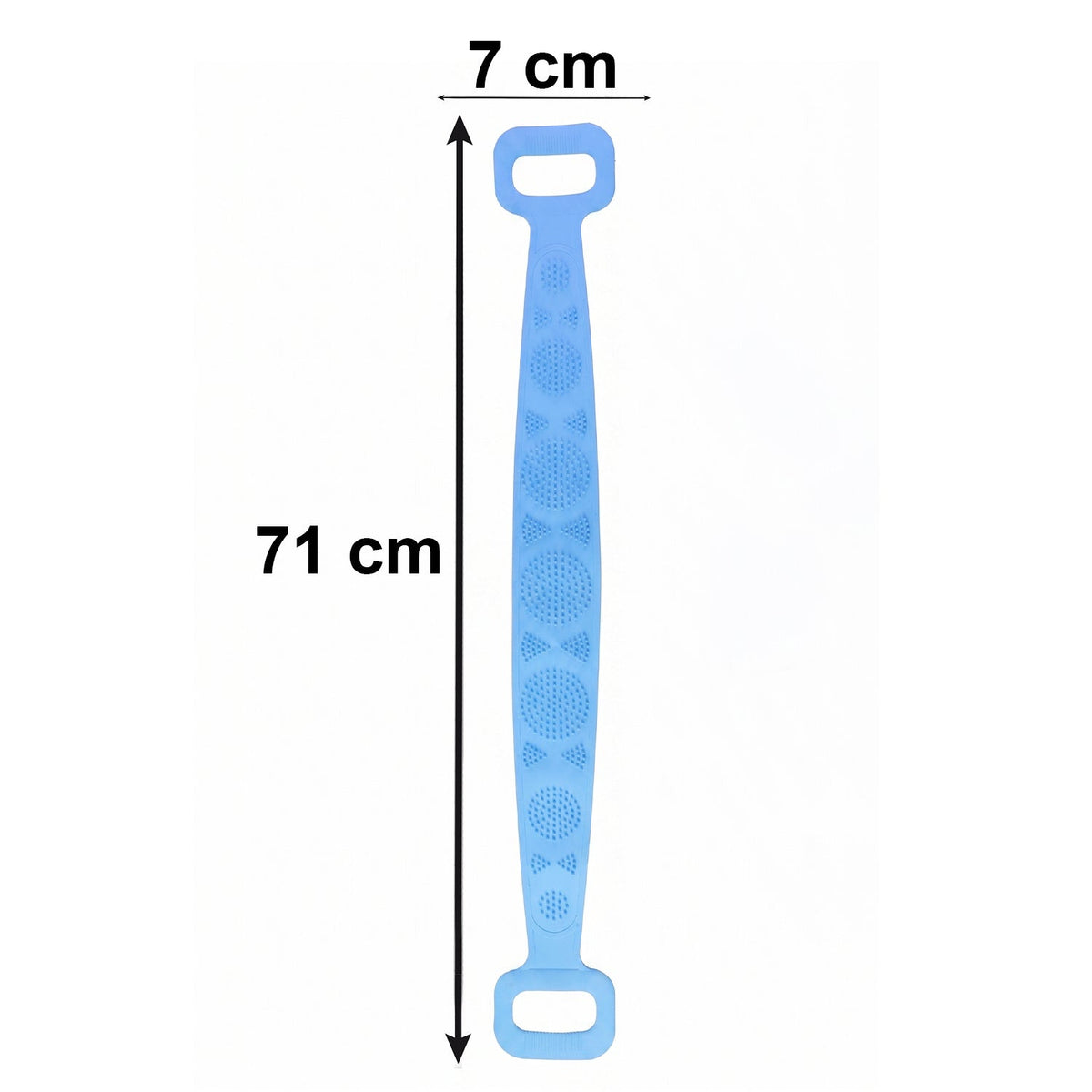 A light blue silicone back scrubber with textured circles and triangles, showing dimensions of 71 cm and 7 cm.