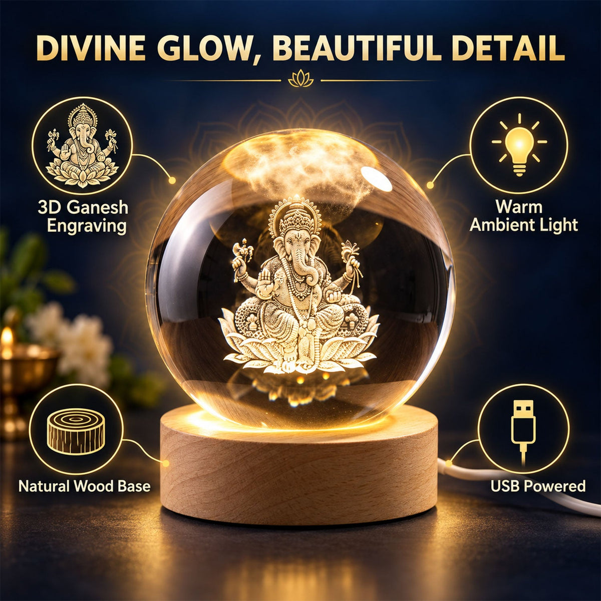 Ganesh engraving, wooden base and USB lighting features