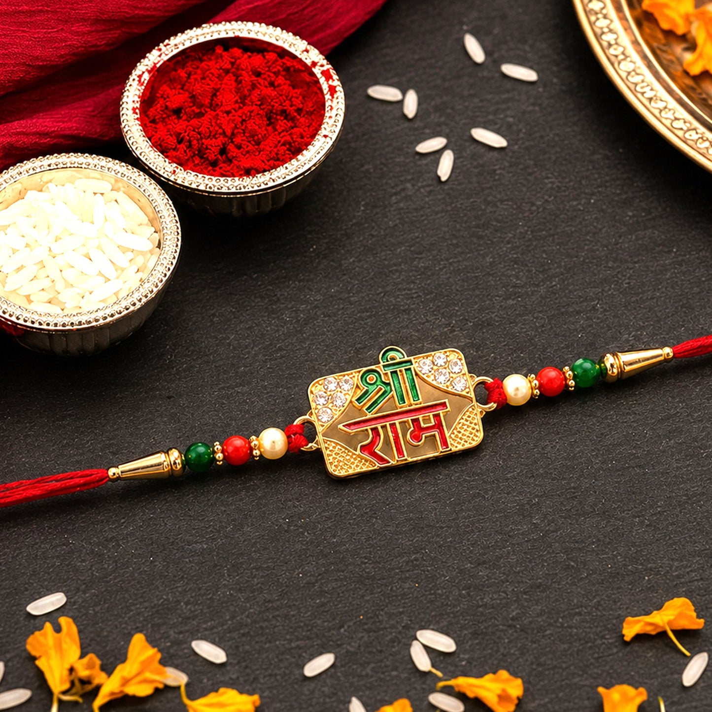 Elegant Shree Ram Rakhi showing intricate craftsmanship and vibrant colors