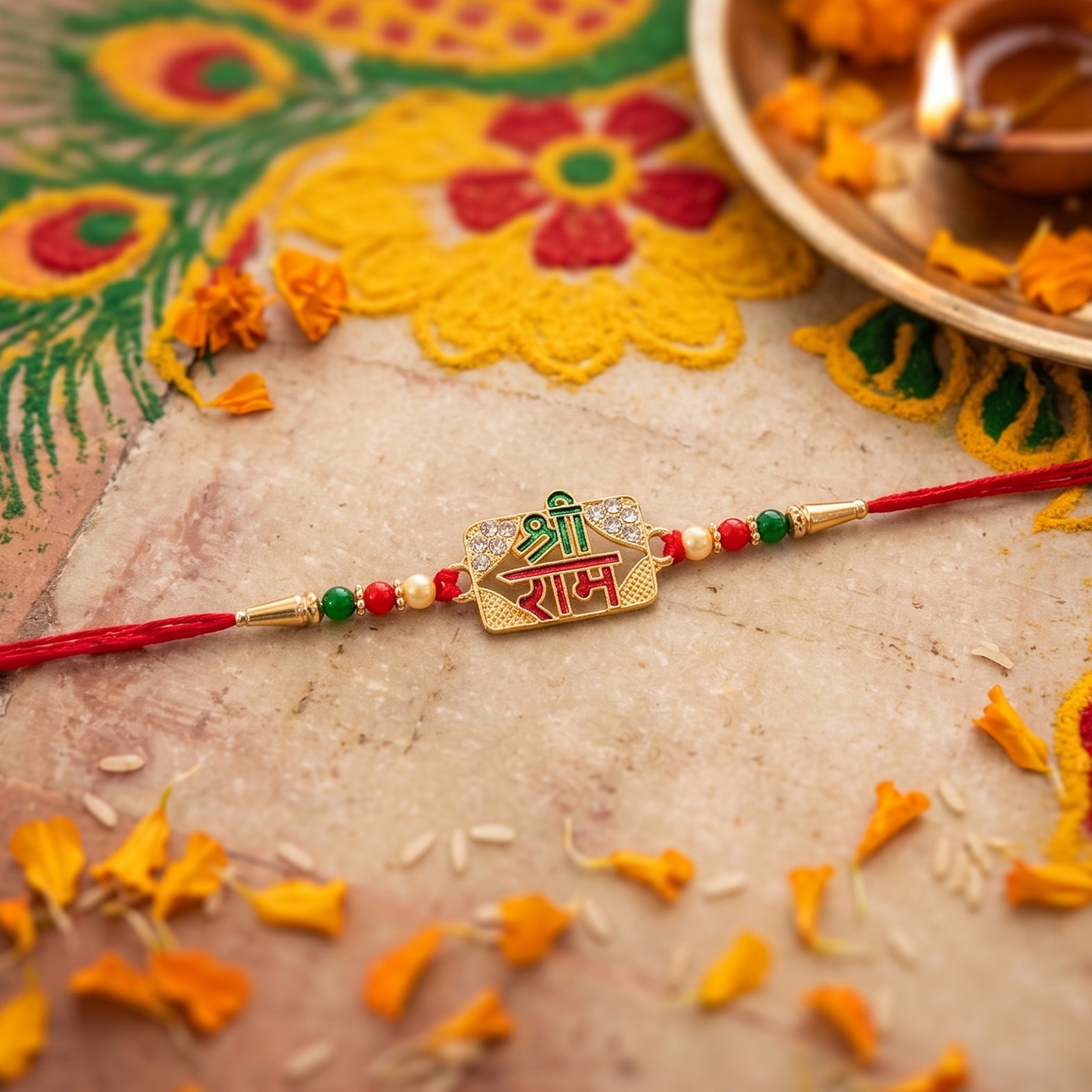 Shree Ram Rakhi featuring a devotional Lord Ram charm with red and gold threads