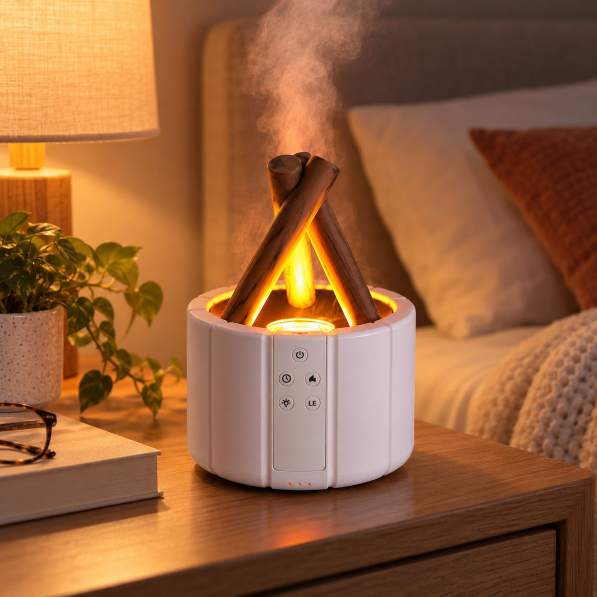 White humidifier with faux wood logs and orange light emitting mist on a bedside table with a book and glasses.