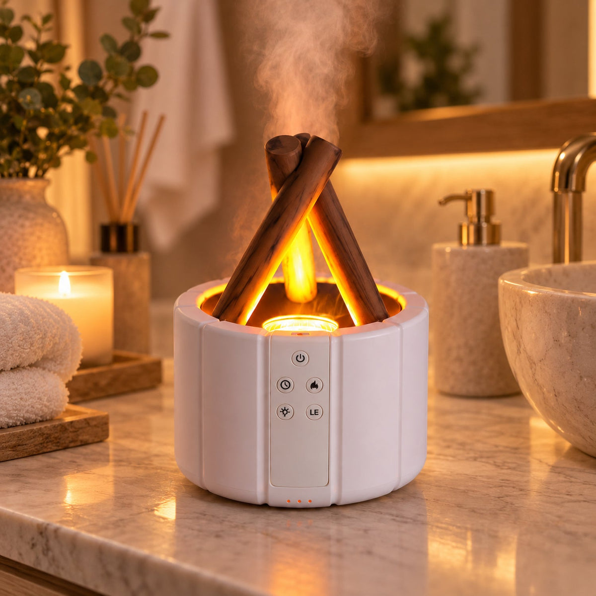 White humidifier with faux wood logs and orange light emitting mist on a bathroom counter with soap dispenser and towels.