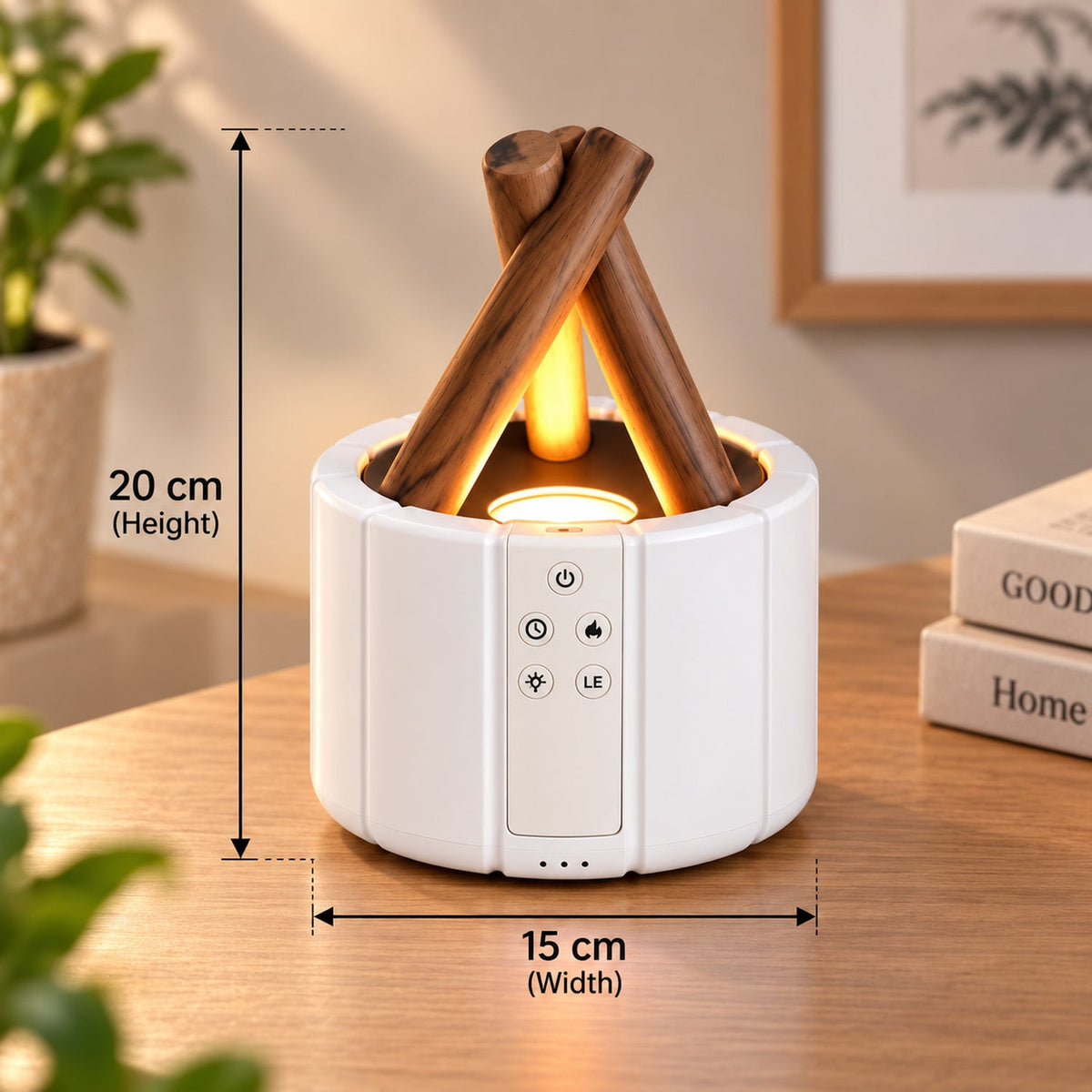White humidifier with faux wood logs and orange light, displaying height and width measurements on a wooden surface.