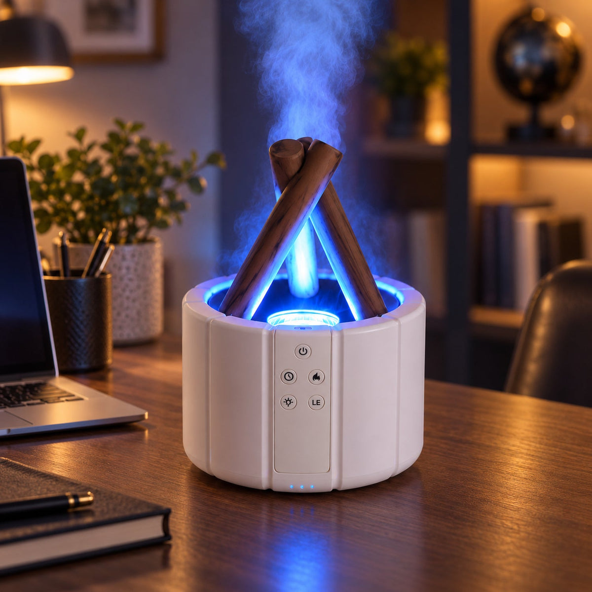 White humidifier with faux wood logs and blue light emitting mist on a desk with a laptop and plant.