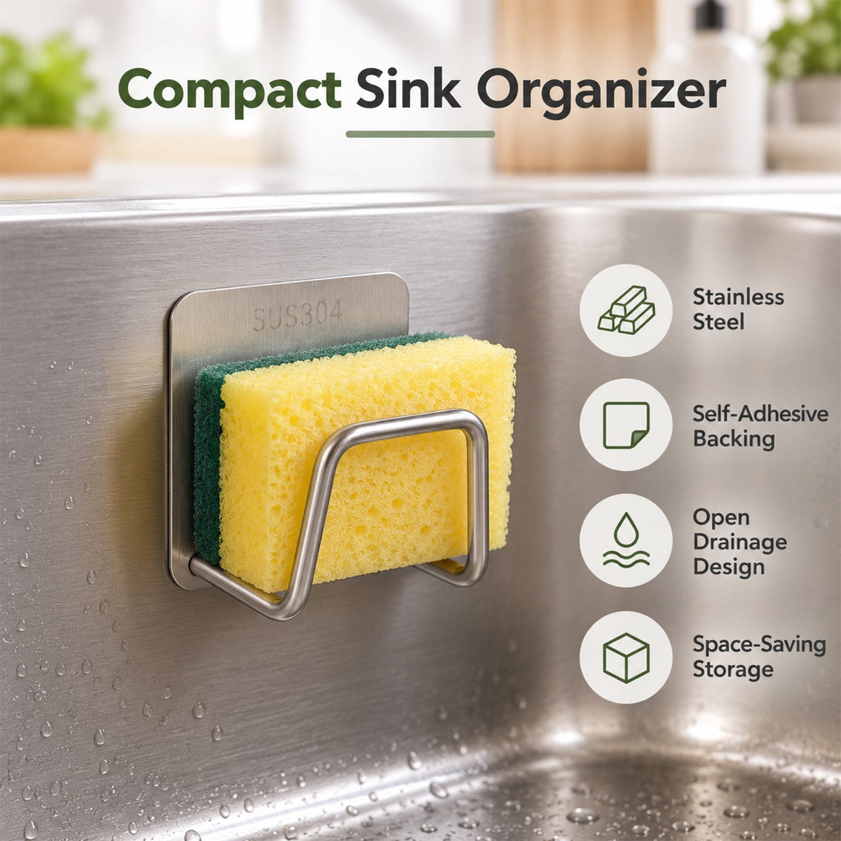 Self Adhesive Steel Sink Sponge Holder Hooks for Kitchen Scrubbers (2 Pc)
