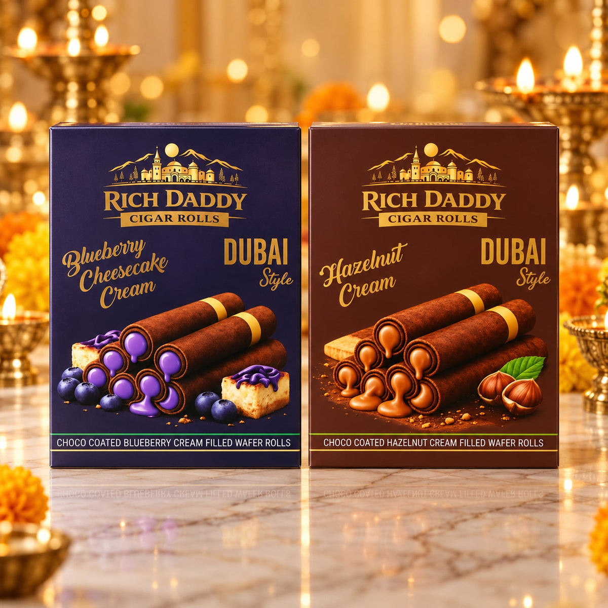 Two boxes of Rich Daddy cigar rolls in blueberry and hazelnut cream flavors are displayed on a table.