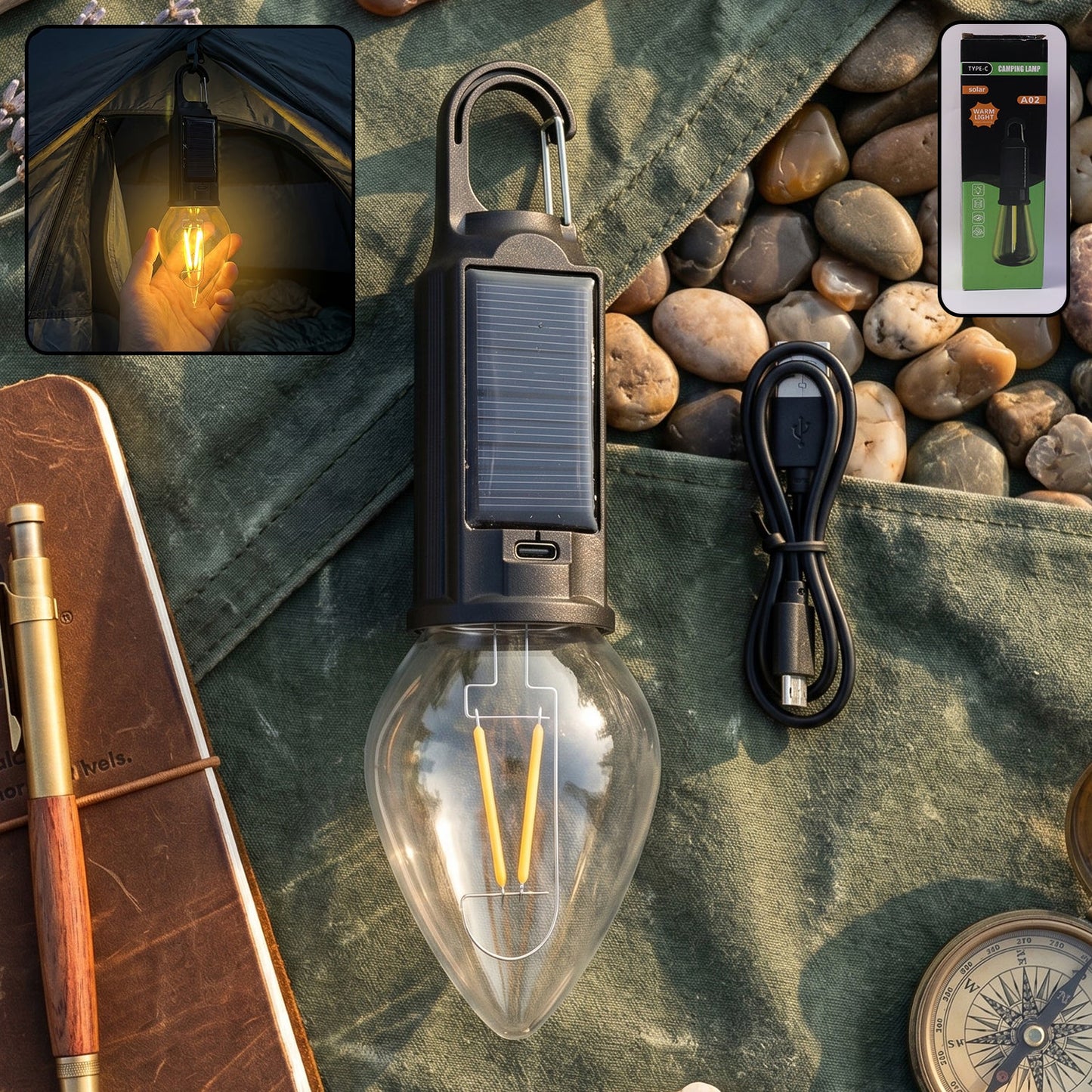 Carabiner clip on solar camping lamp for hanging