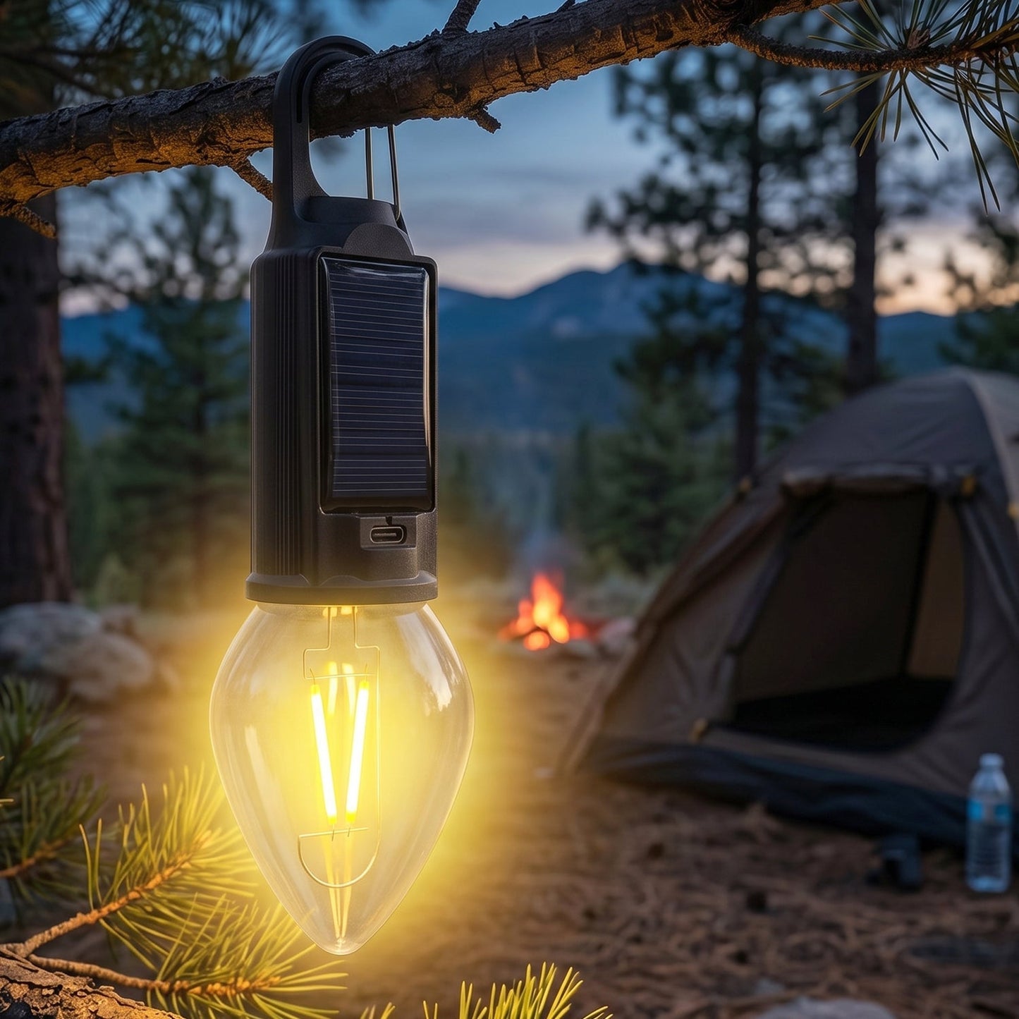 Solar camping lamp on a backpack during outdoor adventure