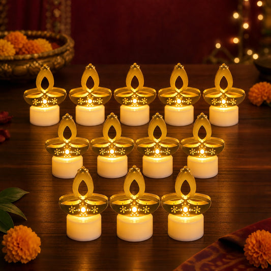 Golden Diya Shaped LED Tealight Candles (12 Pc)