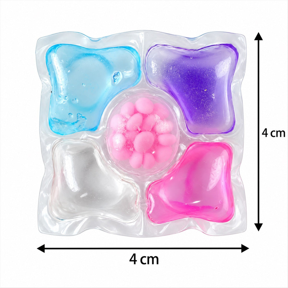 A close-up view of a single laundry pod, showing its four colorful liquid compartments and a central pink bead section, with